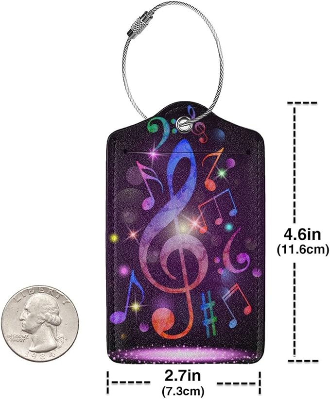 Set of 2 Music Note Luggage Tags with Full Back Privacy Suitcase Labels Identifiers, Colorful Purple PU Leather Baggage Tags for Music Lovers Women Men Girls Boys Travel
