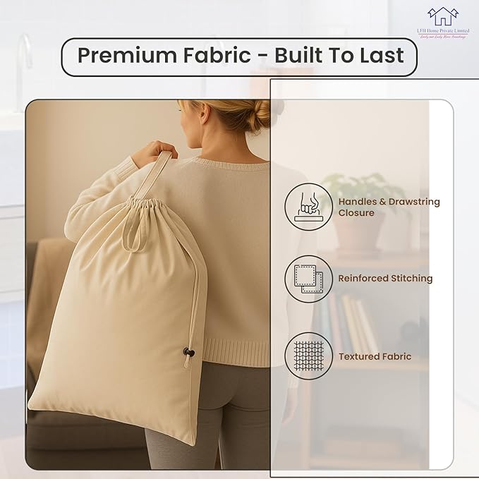 LFH Home Large Premium 100% Cotton Canvas Laundry Bag with Drawstring and Handles Heavy Duty, Multi-Use, and Washable for Home, Travel, College or Storage 24x36 (Pack of 2)-Natural