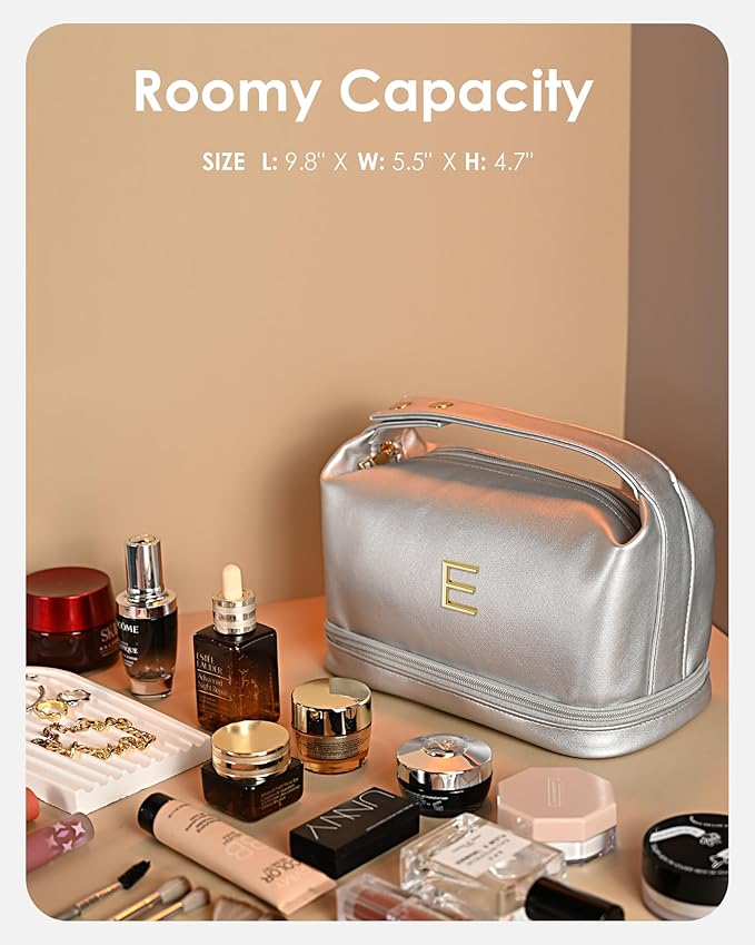 Teenage Girls Gifts Ideas, Personalized Makeup Bag with Handle, Initial Double Layer Cosmetic Bag with Makeup Brush Organizer, Cute Cosmetic Pouch for Women, Gifts for Friends Female Mom