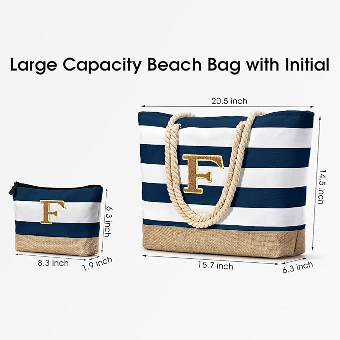 Becokan Beach Bag Initial Beach Tote with Makeup Bag for Travel Work Storage Personalized Birthday Gifts for Women Her