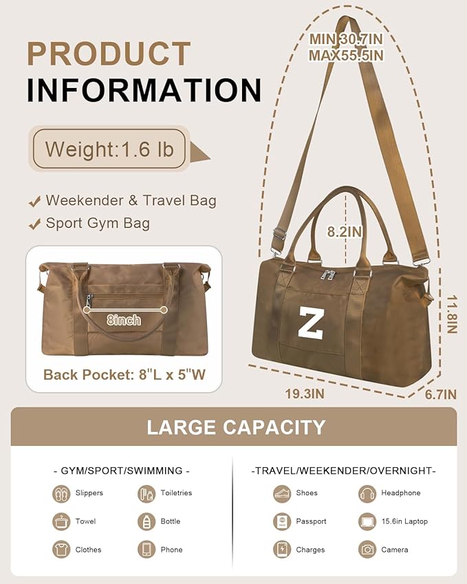 Birthday Graduation Gifts for Daughter,Initial Travel Duffel Bag Sports Gym Bag for Girls Teen Kids Birthday Gifts,Personalized Weekender Bag Carry On Tote Bags Cute Overnight Bag for Women(Brown, Z)