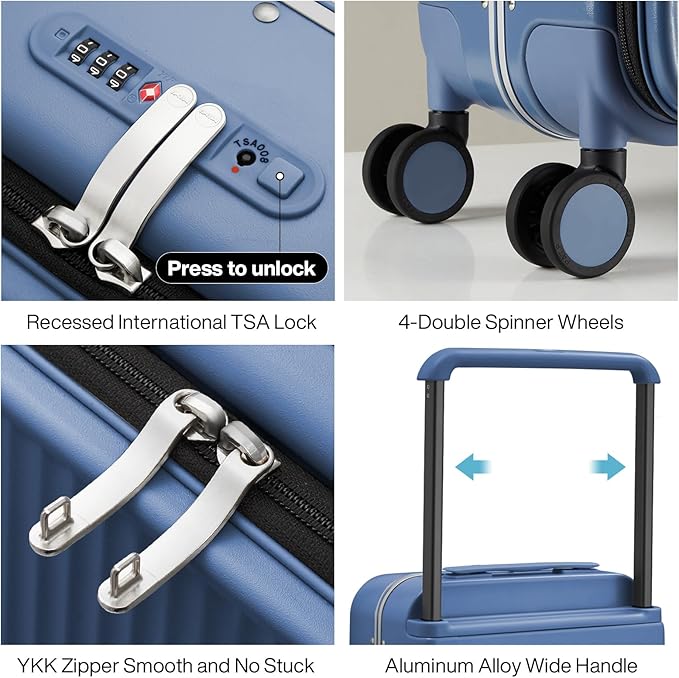 mixi Luggage Suitcases with Spinner Wheels 24'' Travel Luggage with Front Laptop Pocket, Wide Handle PC Hardshell Suitcase with TSA Lock, Checked Luggage(Sapphire Blue)