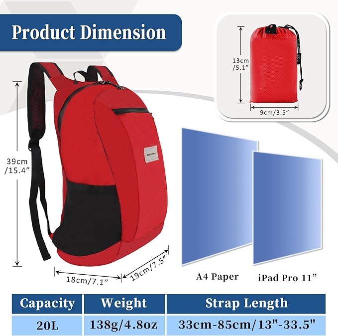 Hiking Daypack - Lightweight & Water-Resistant Portable Backpack for Travel, Camping, Outdoor Adventures(20L, red)