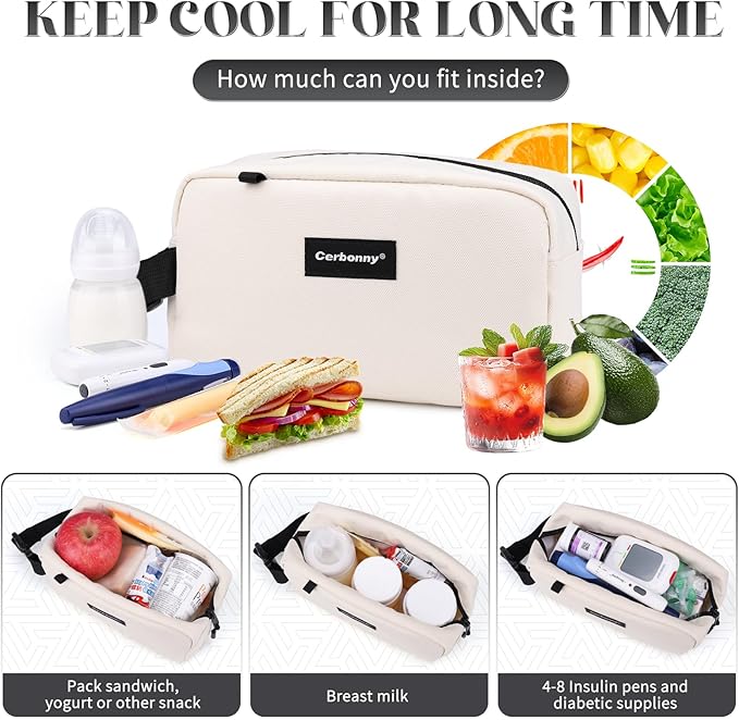 Cerbonny Mini Cooler Bag, Freezable Lunch Bag & Snack Bag, Insulated Bag for Travel/Work/School, Small Cooler Lunch Box with Detachable Gel Packs, Beige, 180 Cubic Inches