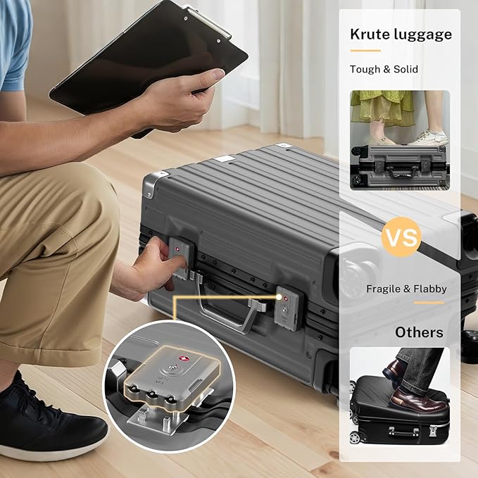 Krute Aluminum Frame Carry On Luggage 20 Inch Zipperless Luggages USB Charger Hardside PC Suitcase With Spinner Wheels Airline Approved Hard Shell Suitcases with TSA Lock (1 Piece)