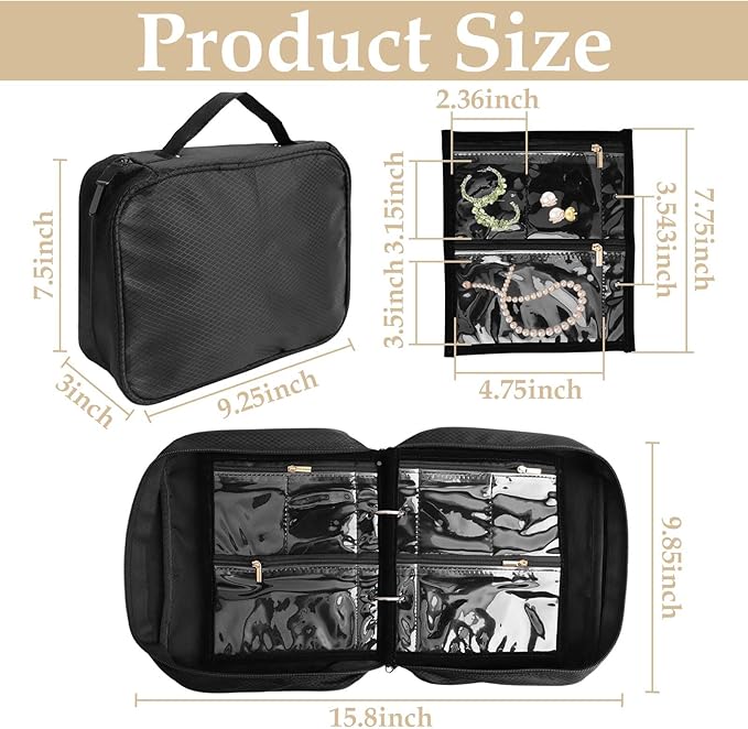 Travel Jewelry Case Organizer for Women, Jewelry Binder with 6 Clear Zipper Pouches