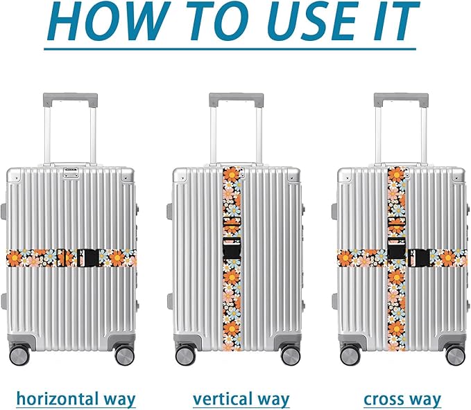 Orange Daisy Luggage Straps for Suitcases TSA Approved, Luggage Identifiers for Suitcase, Adjustable Suitcase Strap for Baggage Security with Cute Patten, Travel Necessary Accessories (2 Pack)