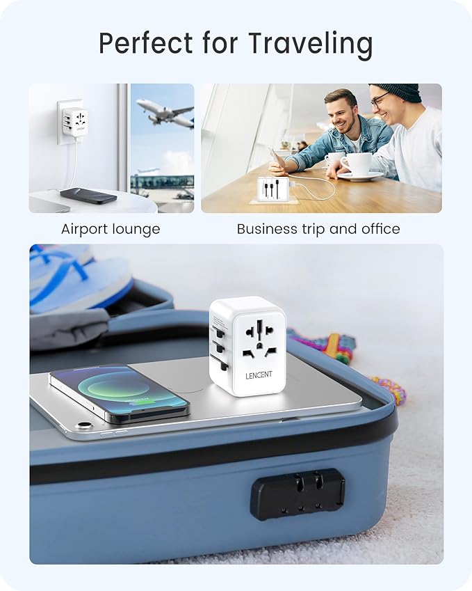 LENCENT Universal Travel Adapter, PD20W International Charger with 2 USB Ports & Type-C Fast Charging Adaptor, Worldwide Wall Charger for iPhone,Laptop, USA/UK/EU/AUS (White-20W)