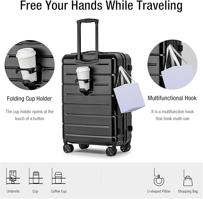 KYME 26 Inch Luggage TSA Approved Hardshell 26" Suitcases with Spinner Wheels Durable Medium Travel Checked Luggage with Cup Holder for Women Men Black