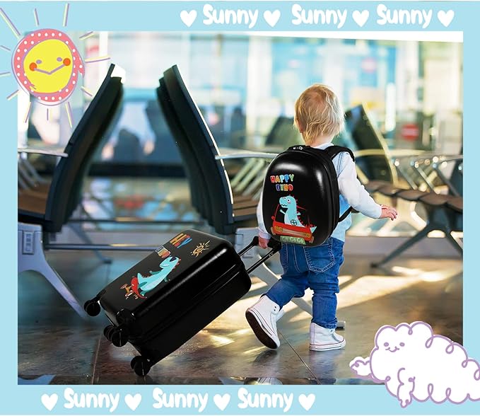 Weewooday Kids Luggage and Backpack 18" Suitcase with Spinner Wheel Hard Case Travel 13" Backpack Girl Suitcase Set for Kids Travel Supplies(Black,Dinosaur Style)