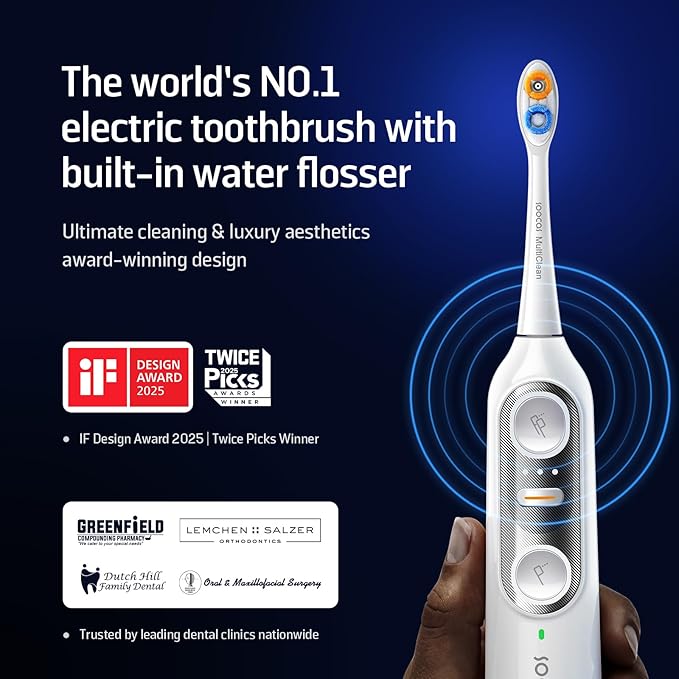 Soocas NEOS II - Electric Toothbrush with Water Flosser, Sonic Electric Toothbrush for Adults, Cordless Water Flosser for Travel, Portable Oral Irrigator, Up to 100% Plaque Removal, Pearl White