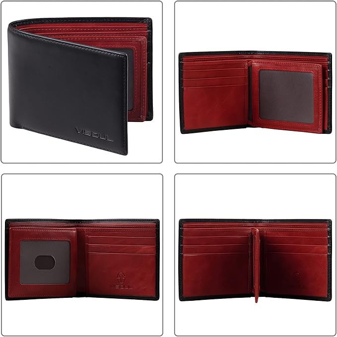 VISOUL Mens Bifold Wallet with 2 ID Windows and 2 Money Compartments, Genuine Leather Designer Wallet with RFID Blocking for Men Two Tone (Black and Burgundy)