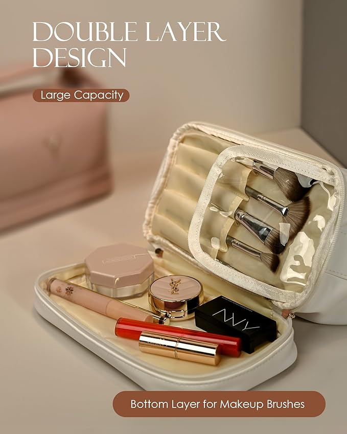 Women Birthday Gift, Personalized Makeup Bag with Handle, Initial Double Layer Cosmetic Bag with Makeup Brush Organizer, Cute Cosmetic Pouch for Women, Gifts for Friends Female Mom