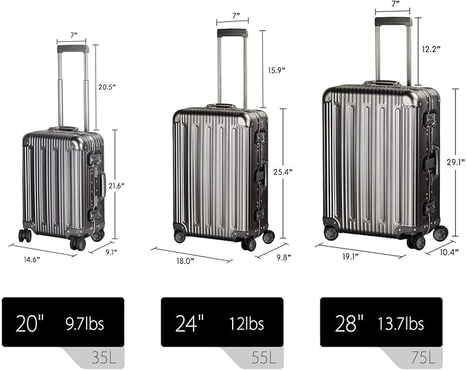 TRAVELKING All Aluminum Luggage Zipperless Hard Shell Suitcase with TSA Lock Spinner Wheels Lightweight Metal Alloy Suitcases (Grey, 24 inch)