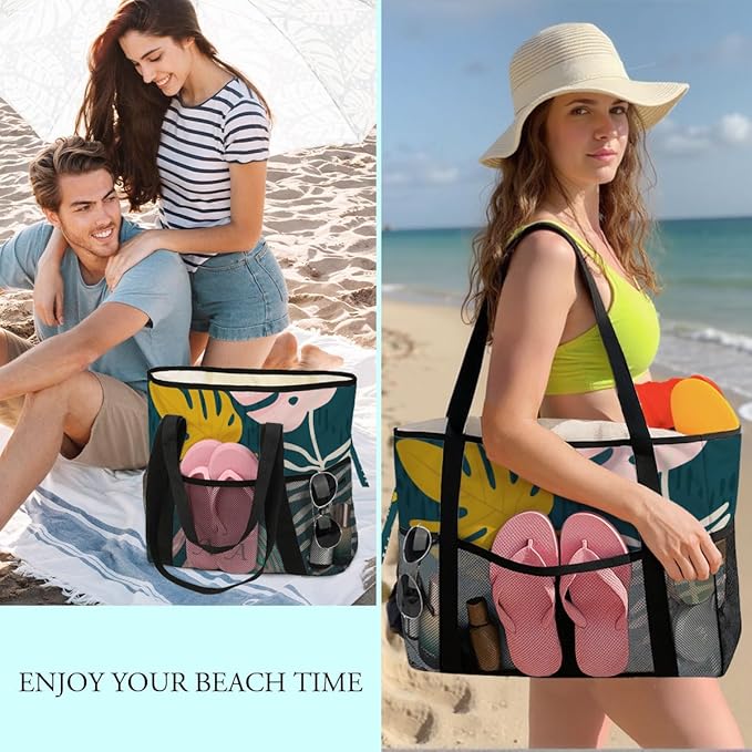 8-Pocket Waterproof Tote for Women -Sandproof Beach Bag with Zipper& Family | Foldable Travel Swim Bag (Gift-Ready)