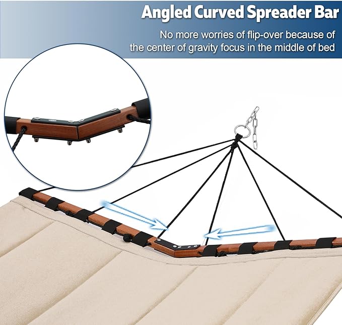 TegerDeger 12FT 2 Person Hammock Large Hammock 450LB Capacity with V Shaped Hardwood Spreader Bar & Nylon Rope for Outside, Patio, Garden, Backyard, Beach, Poolside - Beige