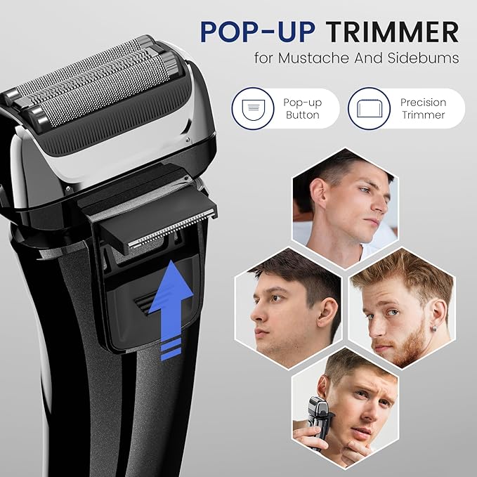 PRITECH Foil Shaver for Men, Electric Razor with Tight Foil Technology, Skin-Friendly Design, Easy Blade Replacement, Cordless Rechargeable with Pop-Up Trimmer, LED Display,Waterproof