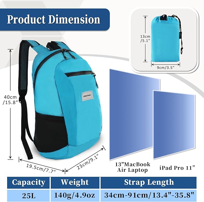 Hiking Daypack - Lightweight & Water-Resistant Portable Backpack for Travel, Camping, Outdoor Adventures(25L,turquoise blue)