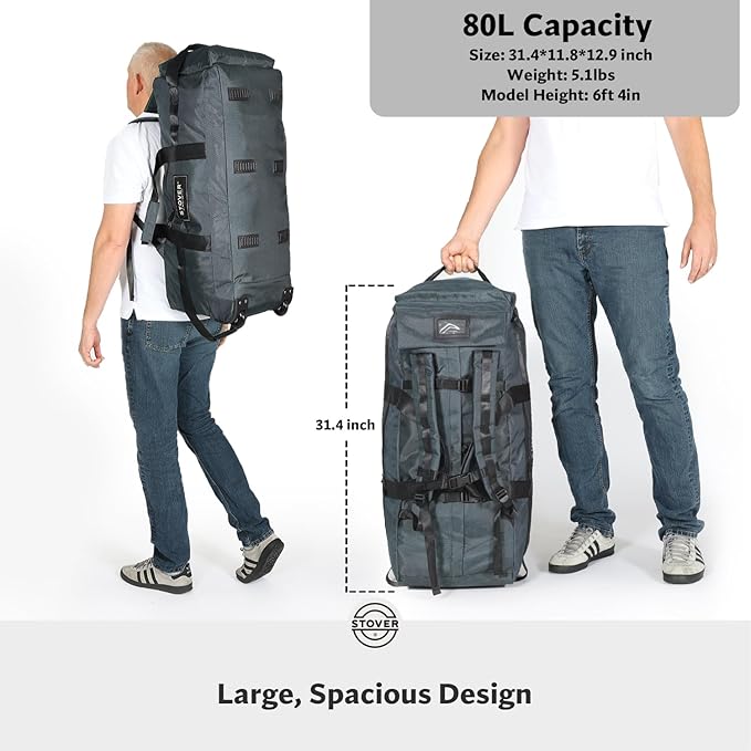 STOVER 80L Rolling Duffel Bag with Wheels, Extra Large 31 Inch Durable Travel Duffle Bag- Rugged, Collapsible, Rollable Design w/Shoulder Straps- Use as Luggage or Backpack for Men/Women (Grey)