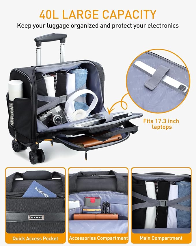 Rolling Laptop Bag - Rolling Briefcase with 4 Spinner Wheels, 17.3 Inch 1680D Nylon Water Resistant Computer Bag for Men and Women Work Travel, Black