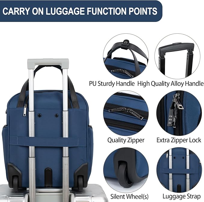 EMPSIGN Underseat Carry On Wheeled - 16" Carry on Bag with Wheels Multi-functional Lightweight Rolling Bag Overnight Weekender Small Suitcase for Women Men Travel Business, Haze Blue
