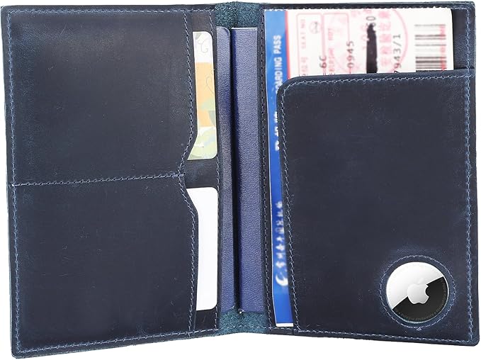 STAR VISTA Albatross Leather Travel Passport Holder, Minimalist Design, Full Grain Leather Case for Women and Men - Slim Passport Wallet, Bifold, RFID Blocking, with AirTag Holder, Navy Blue