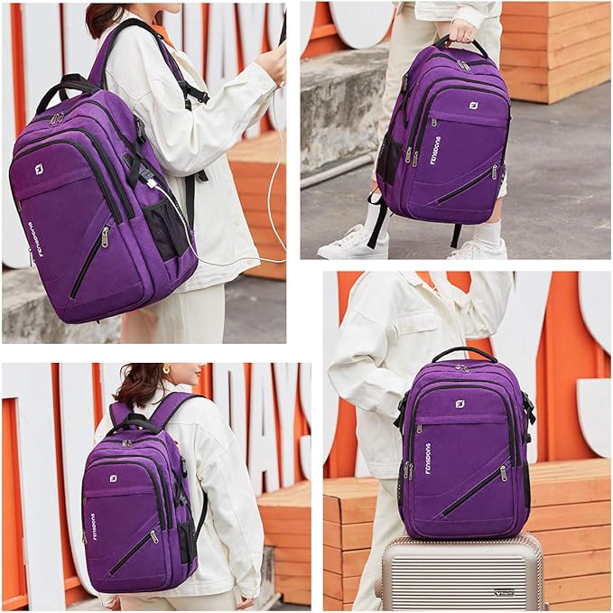 FENGDONG Durable Waterproof Travel Large Laptop Backpack 17.3 inch,College Backpack Bookbag for Men & Women Business Backpack with USB Charging Port and Headset Port Purple