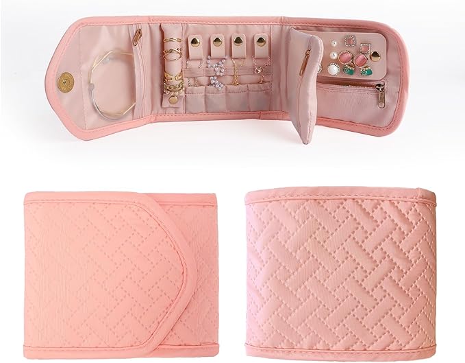emissary Small Jewelry Travel Case Organizer for Necklace, Earrings, Rings, Bracelet, Jewelry Storage, Earring Storage, Necklace Storage, Valentines Day Gifts Pouch Bag Accessories for Travel (Pink)