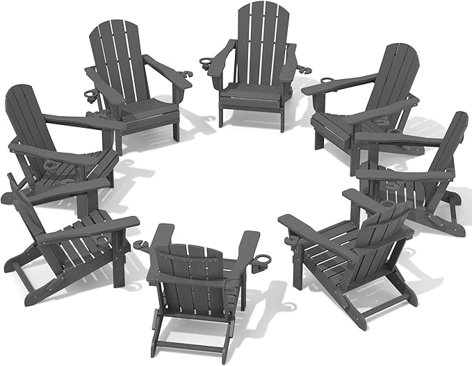 SERWALL Foldable Adirondack Chair Set of 8, Oversized HDPE Adirondack Chair with Wood-Texture-Gray