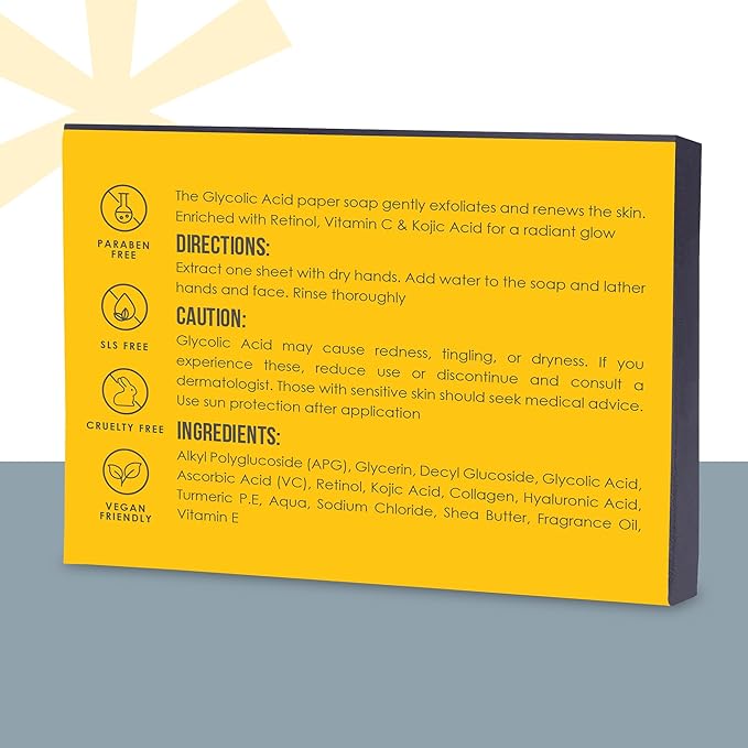 Glycolic Acid Soap Sheets - 100 Exfoliating Peel Face Wash - Travel Size Facial Cleanser with Vitamin C, Retinol, Kojic Acid, Collagen - Anti Aging and Minimizes Pores and Scars - 2 Pack