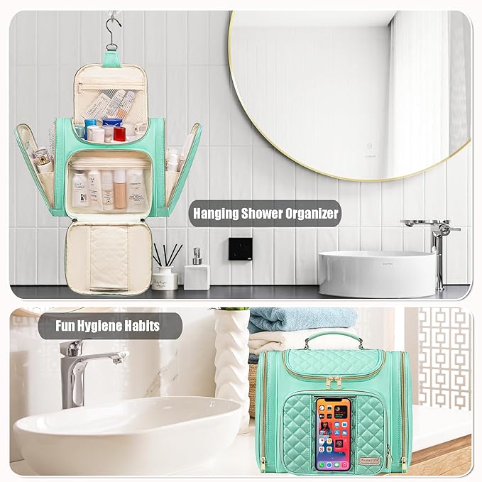 Travel Toiletry Bag for Women, Hanging Toiletry Bag, Bathroom Bag Portable Shower Caddy for College Dorm Travel Shower Bag for Women Water-Resistant Cosmetic Makeup Bag (Green)