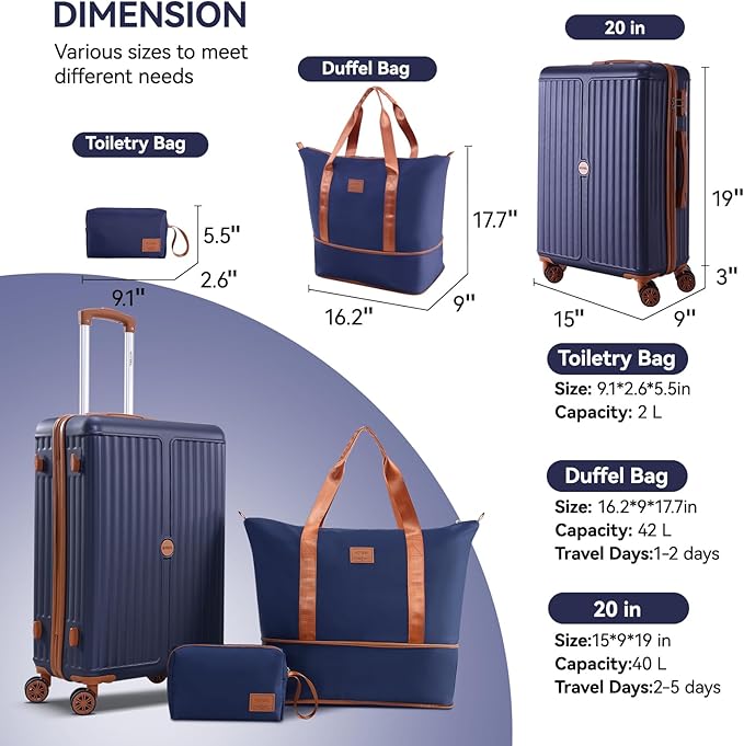 Hoteel 3 Piece Luggage Set with Spinner Wheels (4-YEAR WARRANTY), Carry on Luggage for Travel with TSA Lock, Hardshell ABS+PC Suitcase Set, 20" Suitcase + Expandable Duffel Bag+Cosmetic Bag(Dark Blue)