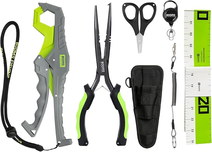 Booms Fishing Gear and Equipment: 6pcs Fishing Tools Kit with Needle Nose Pliers, Fish Gripper, Scissors, 24" Ruler, Retractor & Lanyard - Saltwater Fishing Tackle Accessories Gifts for Men, TK1