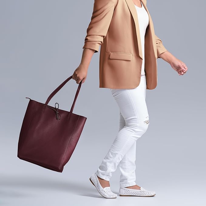 Italian Calf Leather Tote for Women with Zipper, Inner Pocket & Flat Base | Soft Unlined Shopper for Work & Travel