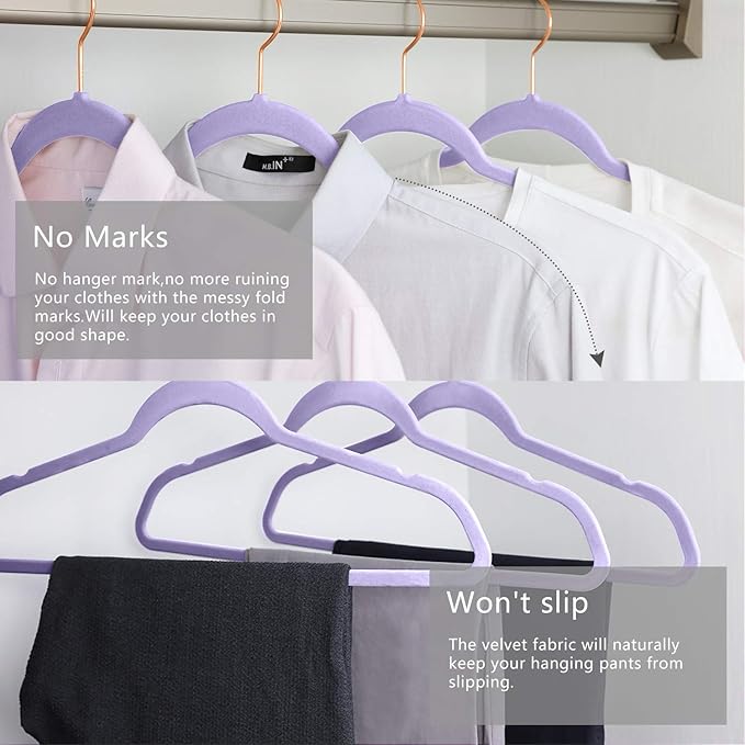 MIZGI Premium Velvet Hangers (50 Pack) Heavy Duty - Non Slip Felt Hangers - Velvet Suit Hanger Light Purple - Rose Gold Hooks,Space Saving Clothes Hanger