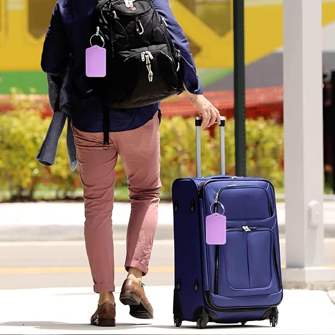 Luggage Tags for Suitcases-Leather Luggage Tag 4 Pack with Loops Cute Bag/Backpack/Suitcase Tags Travel Essentials for Flying (Violet)