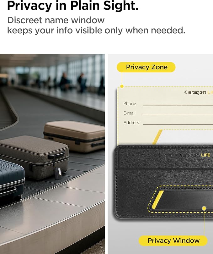 Spigen Life Luggage Tags Premium Velo Vegan Leather ID Label for Suitecase Travel Bag Accessories with Magnetic Closure Privacy Protection Design Durable Strap - Black (1 Pack)