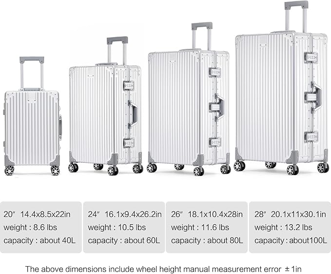 Metal All Aluminum Carry-on Luggage TSA Customs Lock Zipperless Silent Rotary Wheel Business Suitcase Aluminum Frame Set (silvery, 2Piece(20/26))