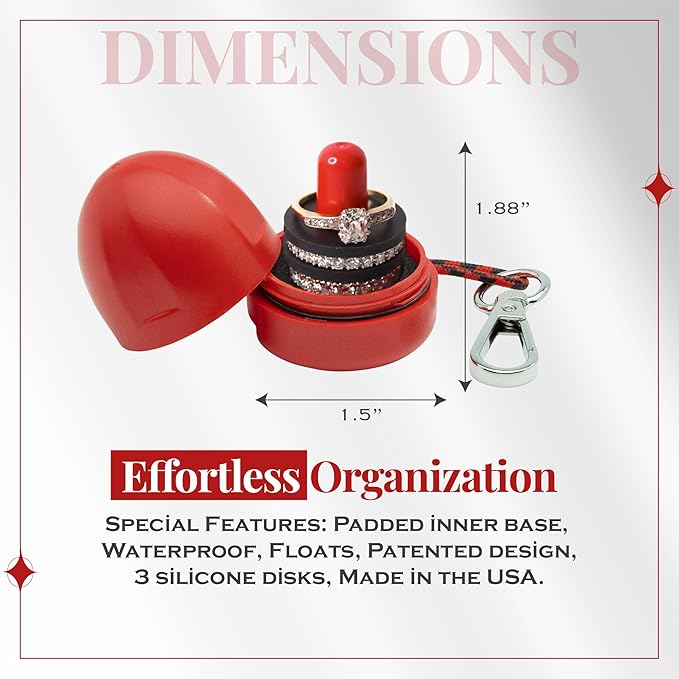 RING THING - Ring Holder Keychain, Jewelry Organizer and Storage, Portable Waterproof Ring Case, Pill Box Container, Gym and Travel Accessory (Ruby Red)