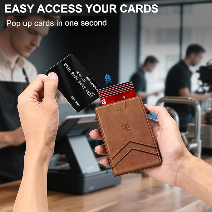Wallet for Men Wallet with Slim Pop Up Card Holder for 12-14 Cards, RFID Blocking Bifold Minimalist Smart Wallet, Credit Card Holder with ID Window & Cash Slot, Compact Metal Card Case, Gifts for Men