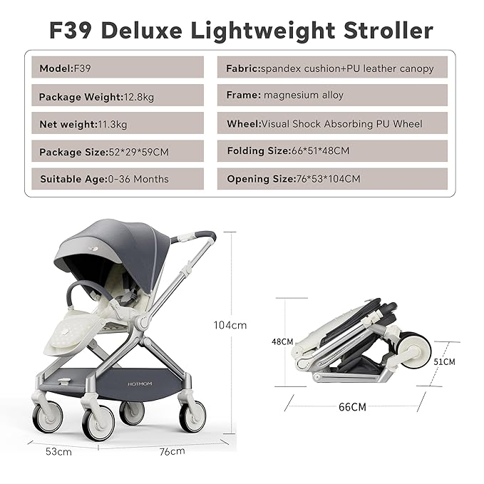 Hot Mom Baby Lightweight Stroller, Intelligent Seat Reversing，Double Brake and PU Anti-Shock Tire Combine Baby Pushchair, Newborn to Toddler's Baby Stroller, Grey