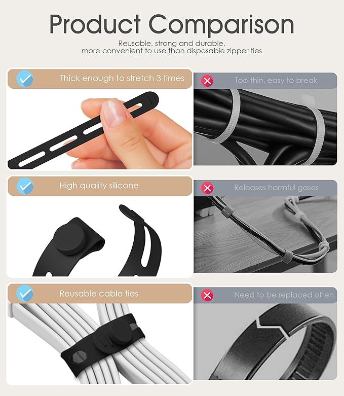 35Pcs Nearockle Silicone Cable Ties, 5.12 Inch Adjustable Cord Organizer Reusable Zip Ties for Charging Cords Earphone Computer Wire, Office Desk Cable Management Travel Accessories(Multi)