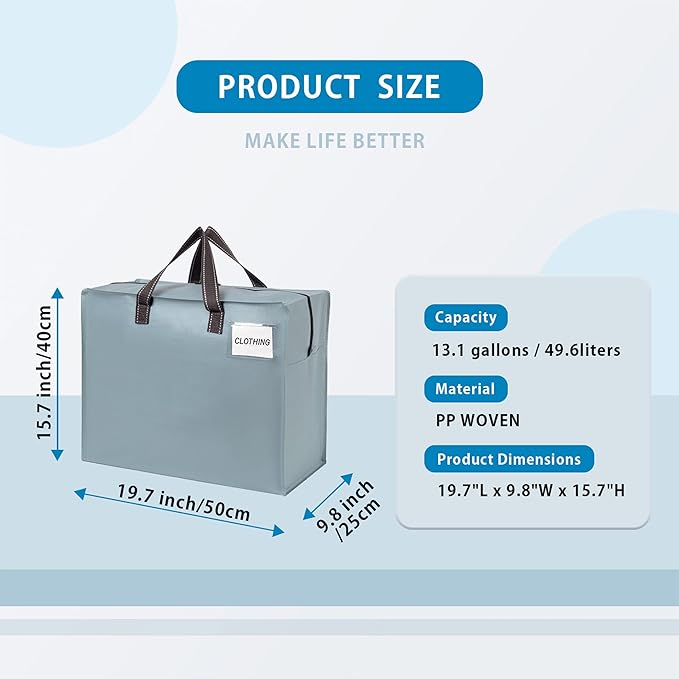 VENO 4 Pack Heavy Duty Moving Bags, Storage Bags, Packing Supplies, Top Zipper, Storage Totes for Camping, Clothes, Bedding, Comforters, Pillows (13 Gallon Light Blue, 4 Pack)