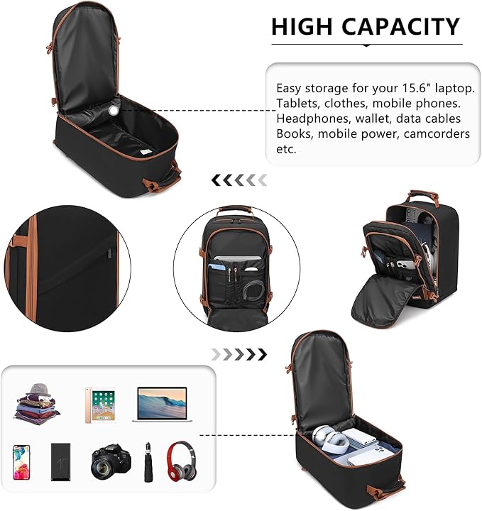 Kono Carry on Backpack, 16" Airplane Approved Under Seat Travel Backpack for Men and Women, Waterproof Lightweight Daypack for Flight 20L, Black/Brown