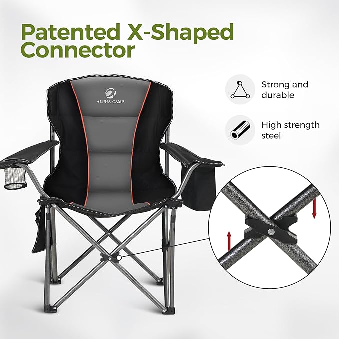 ALPHA CAMP Oversized Camping Chair Heavy Duty Lawn Chair with Cooler Bag Support 450 LBS Steel Frame Collapsible Padded Arm Quad Lumbar Back Folding Chair for Lawn Outdoor