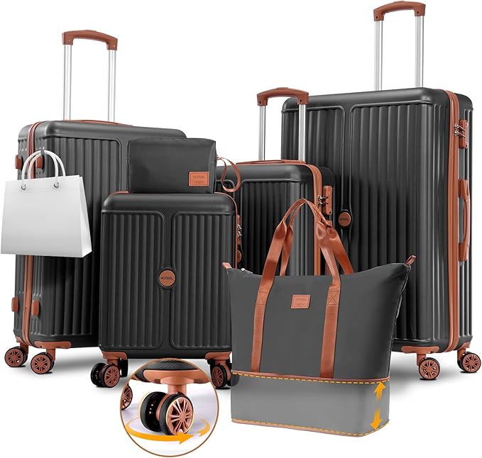 Hoteel 6 Piece Luggage Set with Spinner Wheels (4-YEAR WARRANTY), Carry on Luggage for Travel with TSA Lock, ABS+PC Hardshell Suitcase Set, 16"/20"/24"/28"+Duffel Bag+Cosmetic Bag(Black)