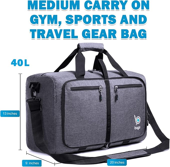 Bago Foldable Duffel Bags for Traveling Women & Men - 40L Sports Packable Duffle Bag for Travel with Shoe Compartment - Water Repellant, Heavy Duty, Lightweight Folding & Collapsible (SnowBlack)