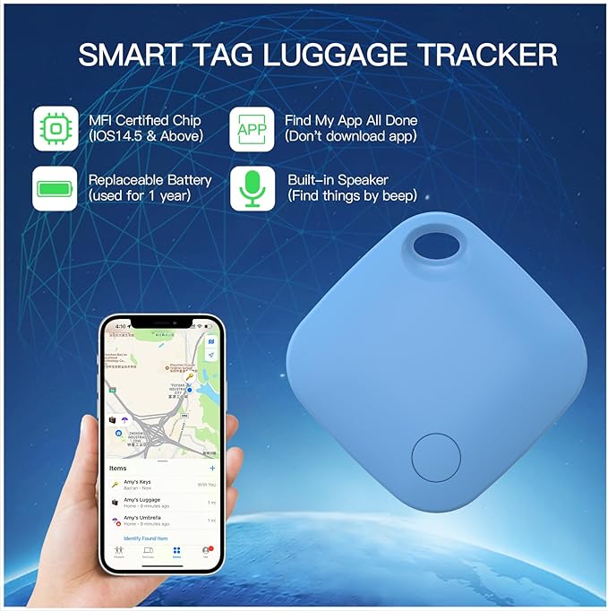 RSH Air Tracker Tag 4 Pack Bluetooth Luggage Tracker tag Locator Works with Apple Find My,Smart Tracker for Suitcase, Bag, Backpack, Wallet,Replaceable Battery Smart tag Item Finder