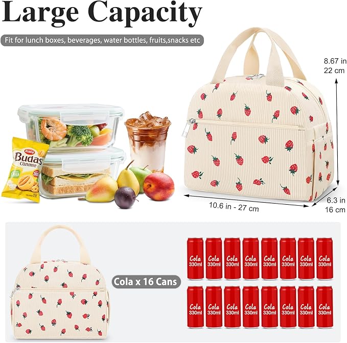 Lunch Bag Lunch Box for Women Adults Men, Cute Strawberry Corduroy Insulated Reusable Work Leakproof Simple Large Lunch Boxes Tote Bag Cooler Bag