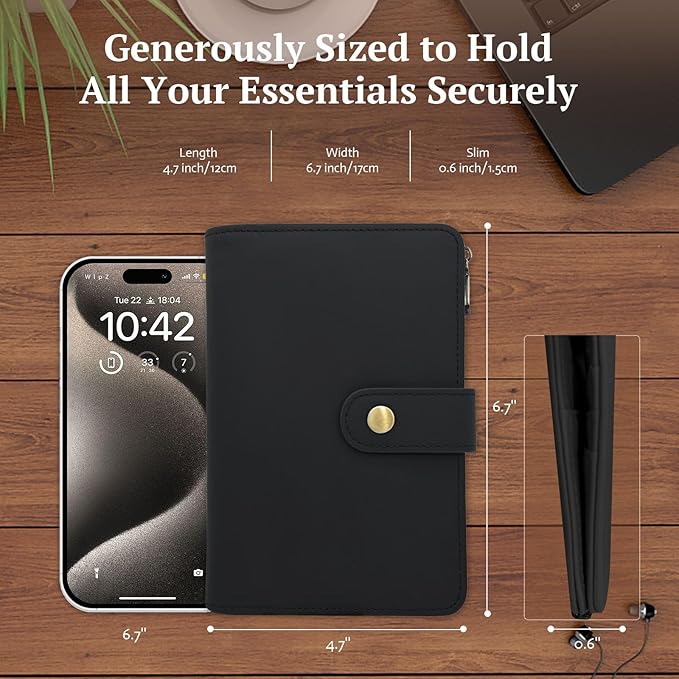 Full Grain Leather Passport Wallet, RFID Blocking Passport Holder with AirTag Slot, Multi Compartment Travel Wallet for Women & Men, Secure Passport Cover Case for Airport Essentials (Black)